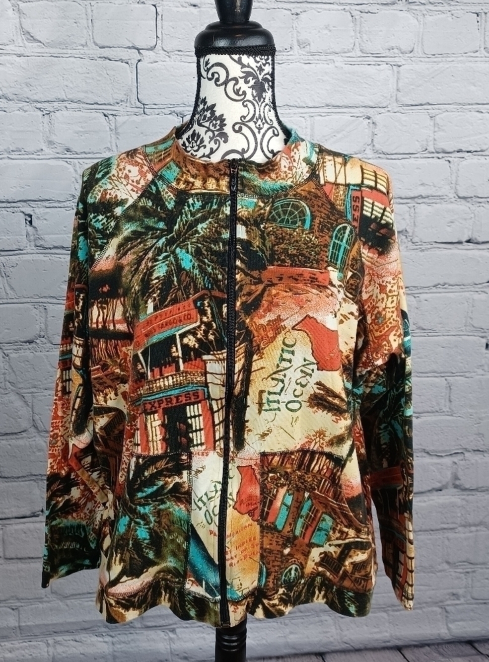 Chico's women's long sleeve zip front 100% cotton jacket pockets geo print BB15